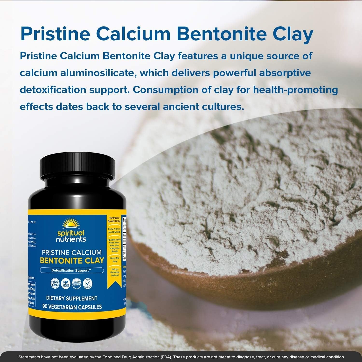 Pristine Calcium Bentonite Clay | Whole Body Detox with Calcium Aluminosilicate | Non-GMO, Vegan | 90 Capsules