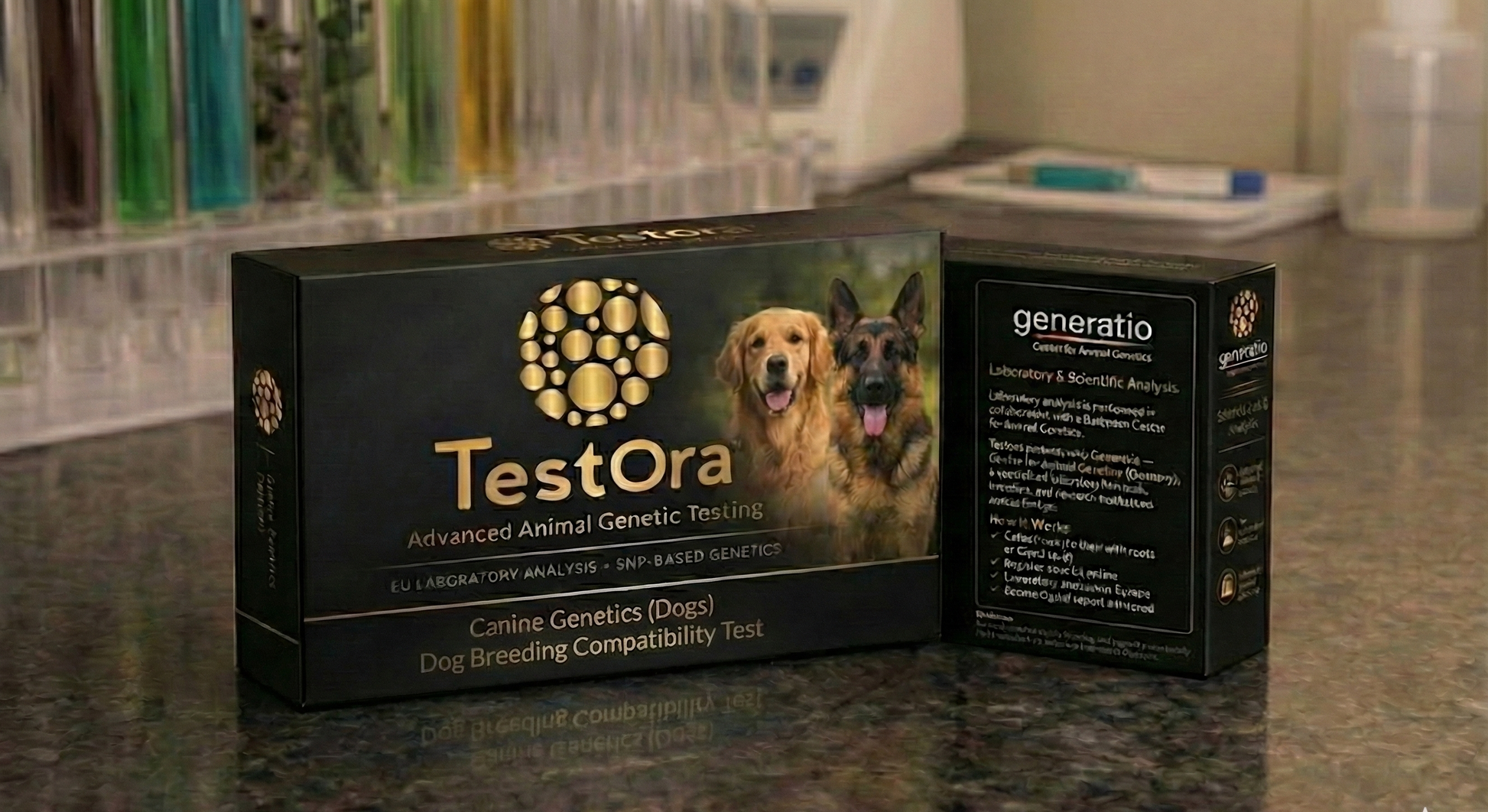 TestOra pet genetic testing kit on a countertop with a blurred background